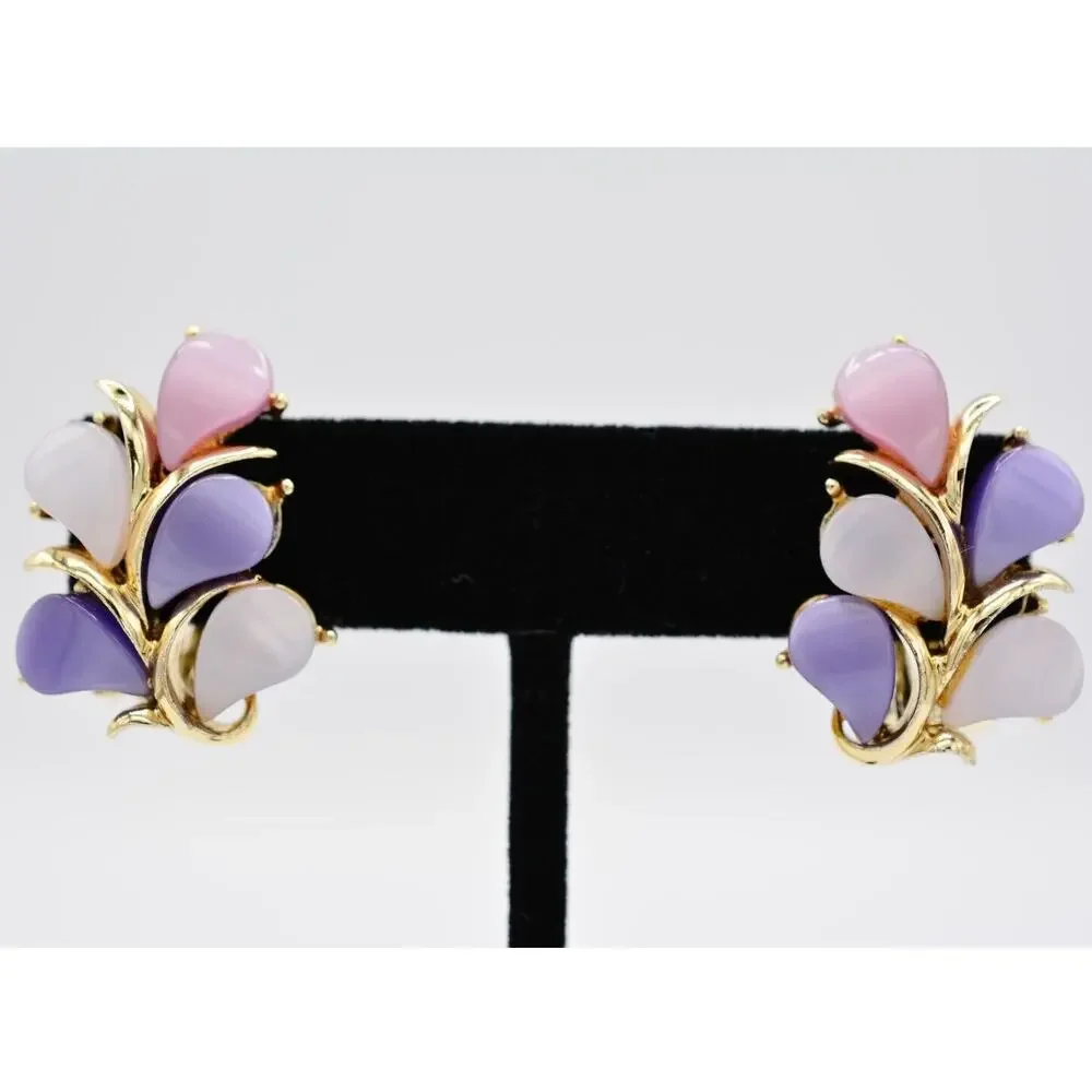 Kramer Vintage Clip On Earrings Purple Pink Lucite Floral Leaf Gold Signed BinAA